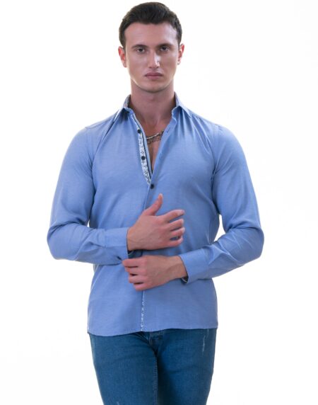 Blue Inside Floral Men’s Slim Fit Designer French Cuff Shirt – Tailored Cotton