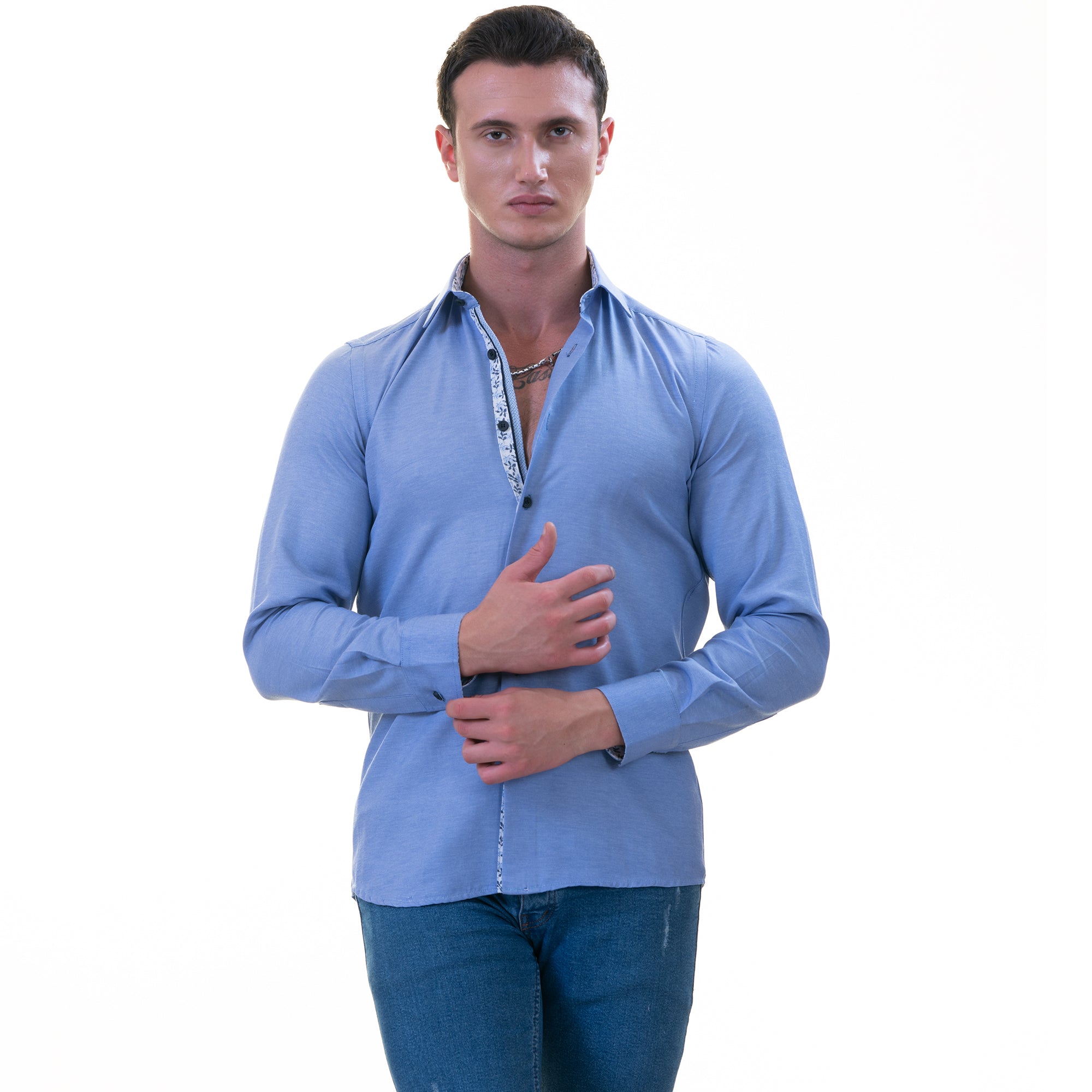 Blue Inside Floral Men's Slim Fit Designer French Cuff Shirt - Tailored Cotton - Image 4