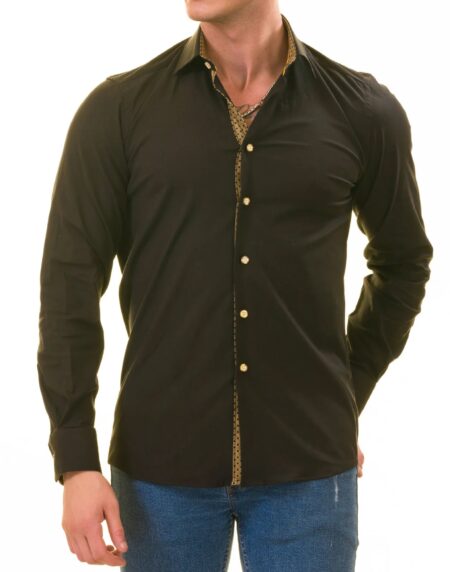 Black with inside Gold Men’s Slim Fit Designer Shirt – Tailored Cotton Shirts for Work and Casual Wear