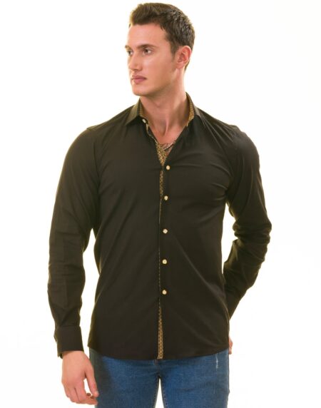 Black with inside Gold Men’s Slim Fit Designer Shirt – Tailored Cotton Shirts for Work and Casual Wear