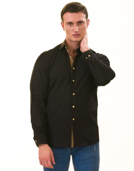 Black with inside Gold Men’s Slim Fit Designer Shirt – Tailored Cotton Shirts for Work and Casual Wear