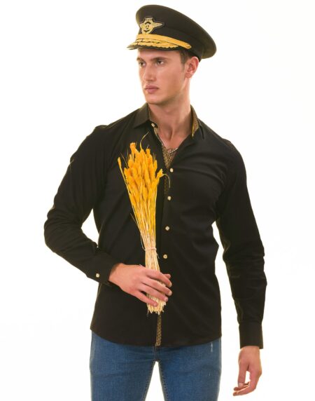 Black with inside Gold Men’s Slim Fit Designer Shirt – Tailored Cotton Shirts for Work and Casual Wear