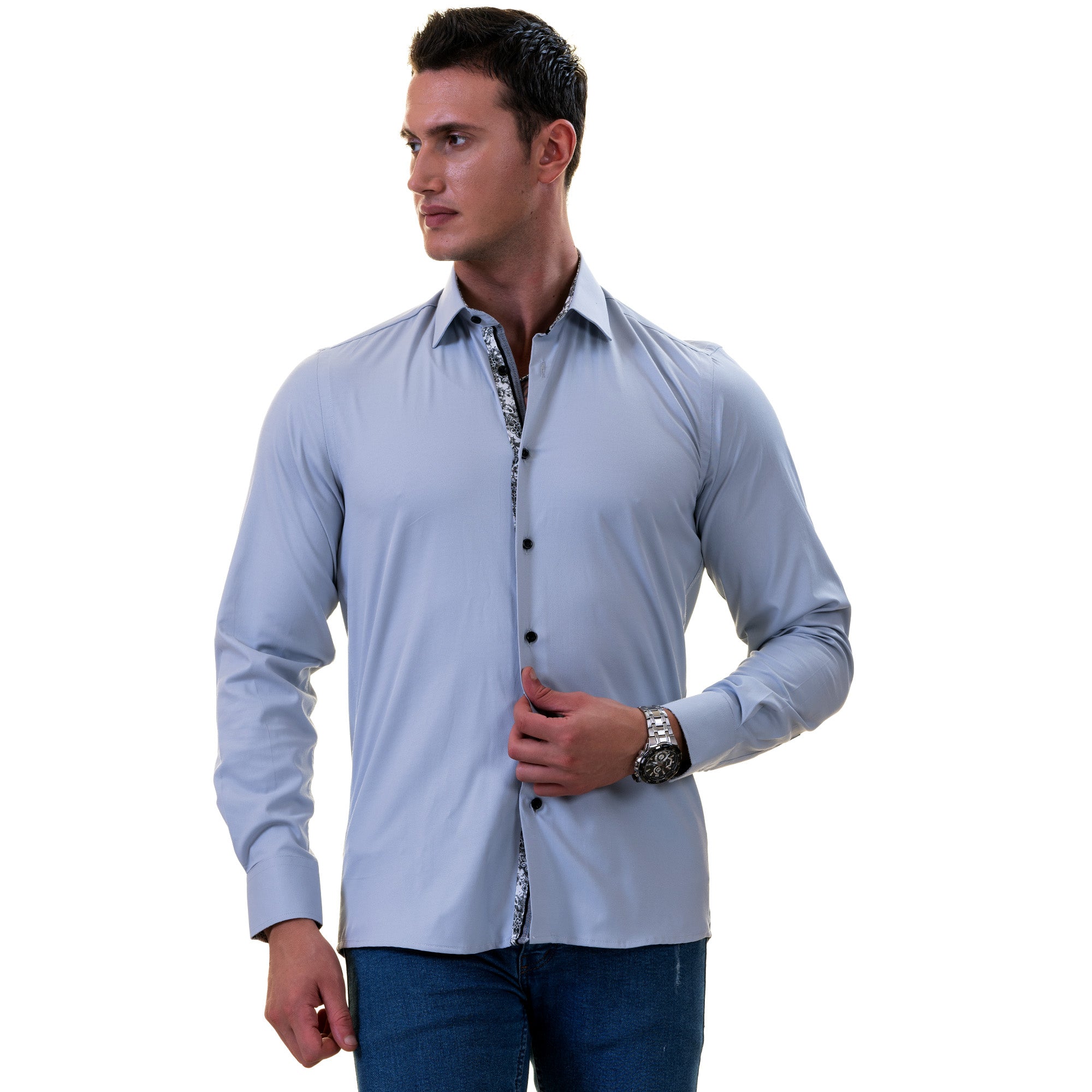 Gray Inside Floral Men's Slim Fit Designer Dress Shirt - Tailored Cotton - Image 2