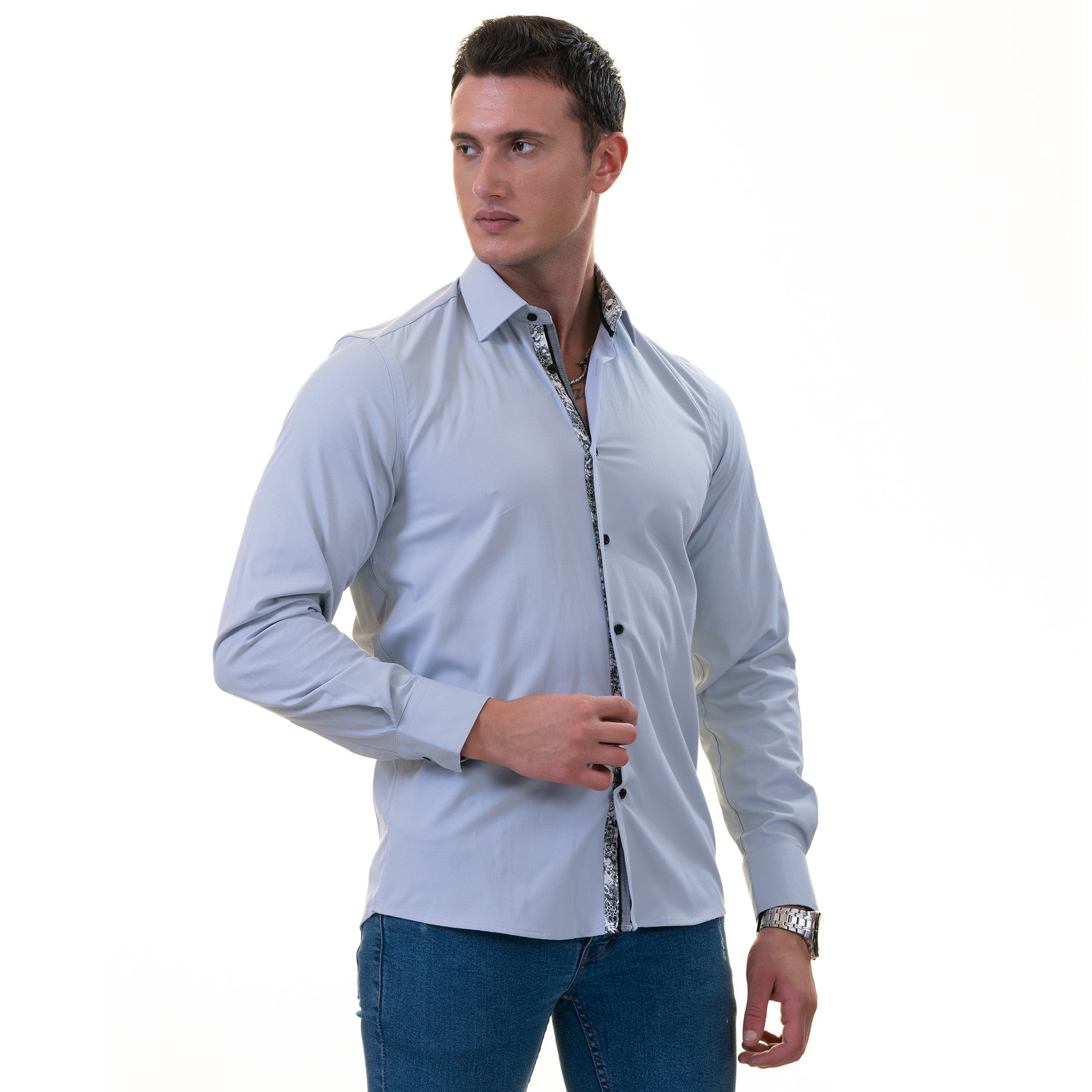Gray Inside Floral Men's Slim Fit Designer Dress Shirt - Tailored Cotton - Image 4