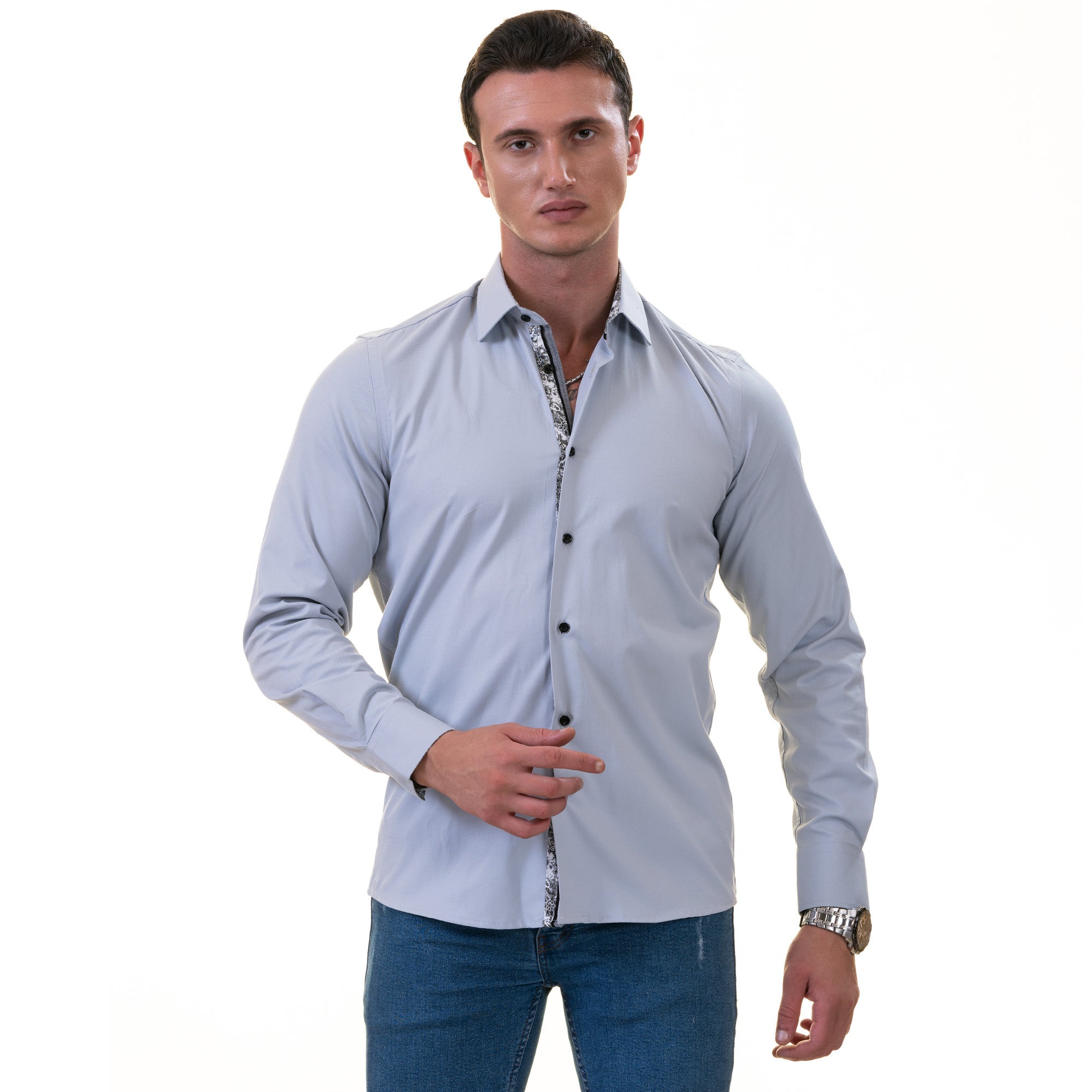 Gray Inside Floral Men's Slim Fit Designer Dress Shirt - Tailored Cotton - Image 3