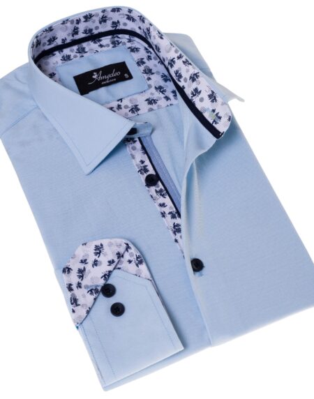 Blue Inside Printed Men’s Slim Fit Designer French Cuff Shirt – Tailored Cotton