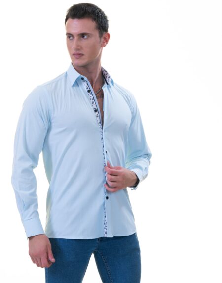 Blue Inside Printed Men’s Slim Fit Designer French Cuff Shirt – Tailored Cotton
