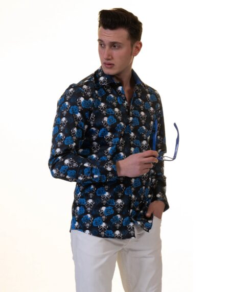 Black White Blue Skulls Mens Slim Fit Designer French Cuff Shirt – tailored Cotton Shirts for Work and Casual Wear