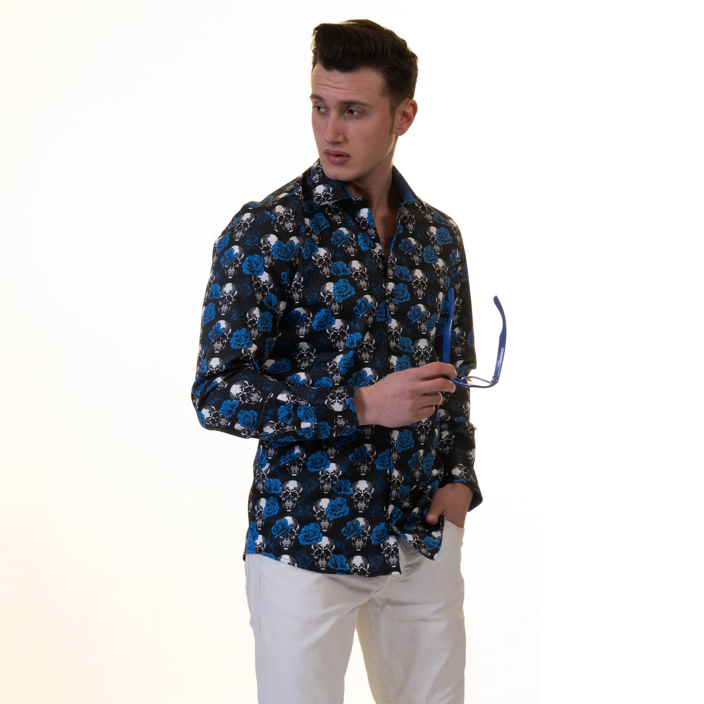 Black White Blue Skulls Mens Slim Fit Designer French Cuff Shirt – tailored Cotton Shirts for Work and Casual Wear