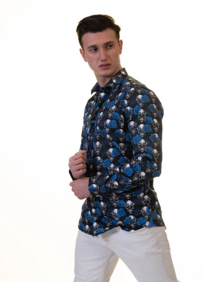 Black White Blue Skulls Mens Slim Fit Designer French Cuff Shirt – tailored Cotton Shirts for Work and Casual Wear