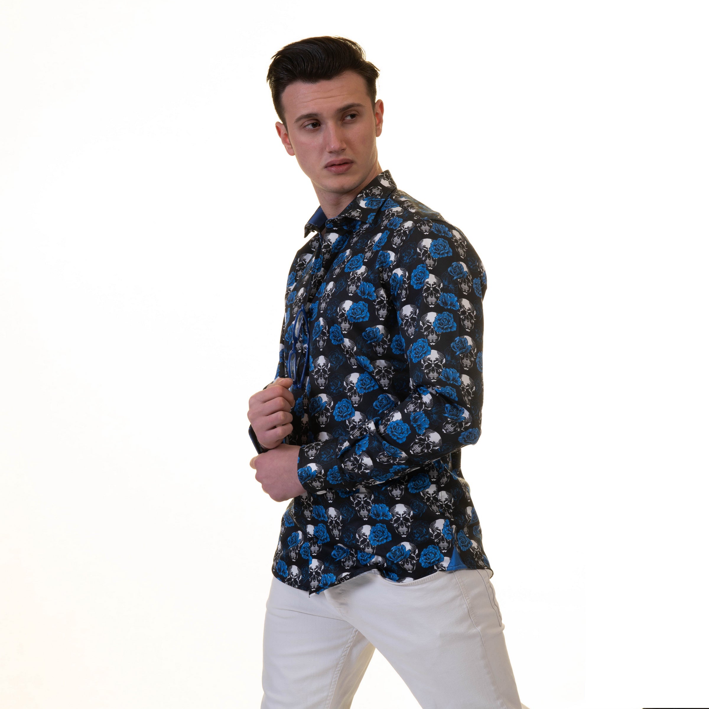 Black White Blue Skulls Mens Slim Fit Designer French Cuff Shirt - tailored Cotton Shirts for Work and Casual Wear - Image 2
