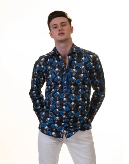 Black White Blue Skulls Mens Slim Fit Designer French Cuff Shirt – tailored Cotton Shirts for Work and Casual Wear