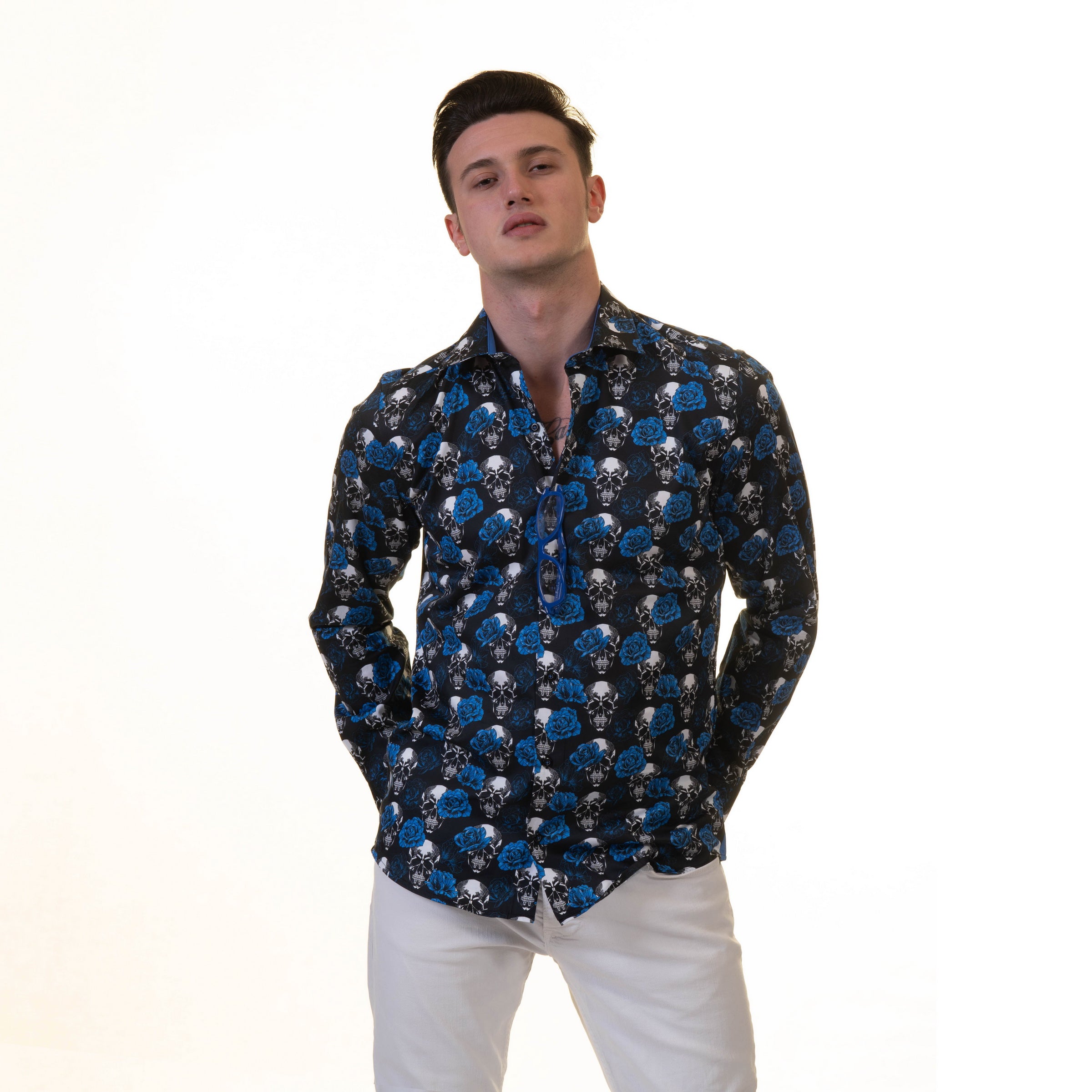 Black White Blue Skulls Mens Slim Fit Designer French Cuff Shirt - tailored Cotton Shirts for Work and Casual Wear - Image 3