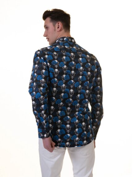 Black White Blue Skulls Mens Slim Fit Designer French Cuff Shirt – tailored Cotton Shirts for Work and Casual Wear