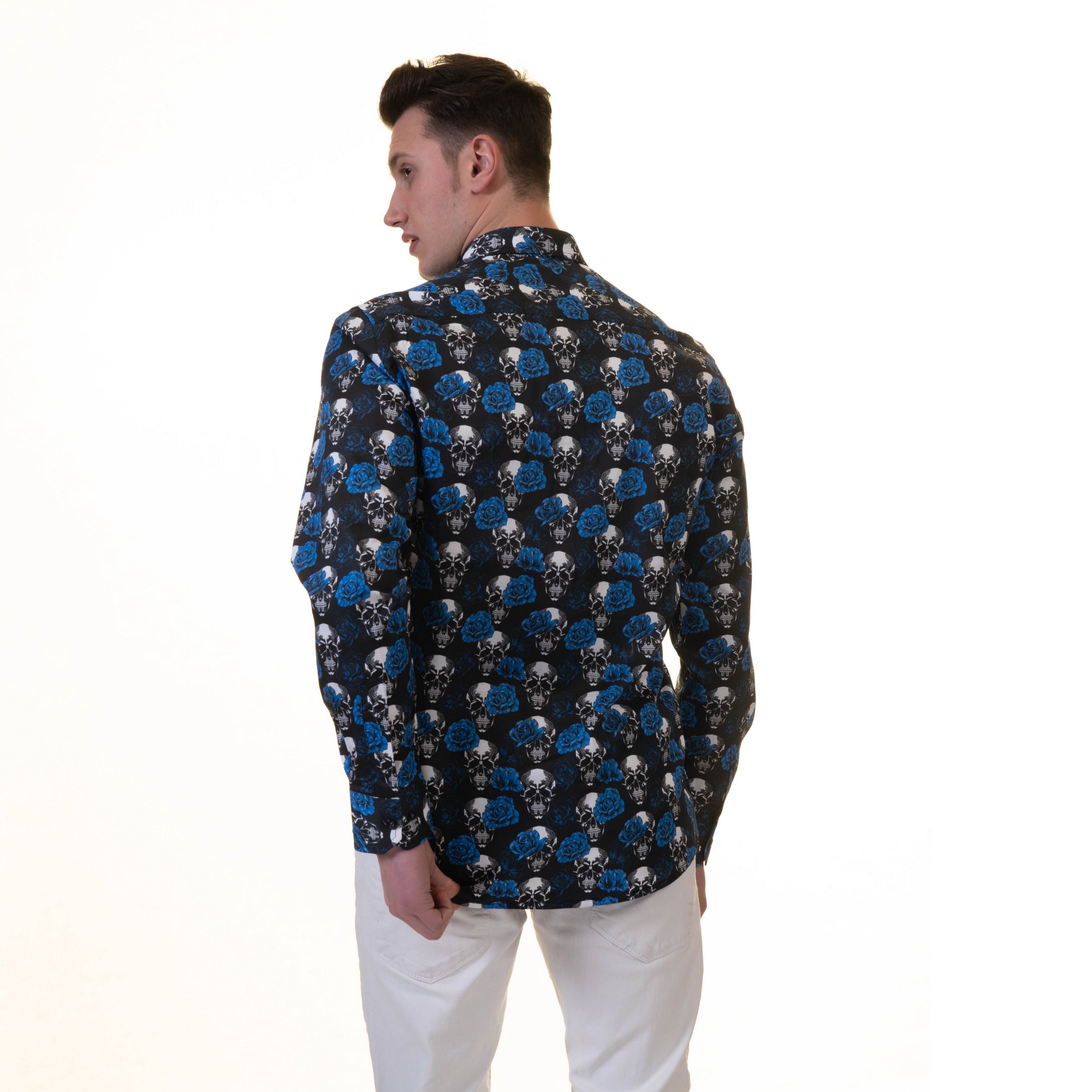 Black White Blue Skulls Mens Slim Fit Designer French Cuff Shirt - tailored Cotton Shirts for Work and Casual Wear - Image 4