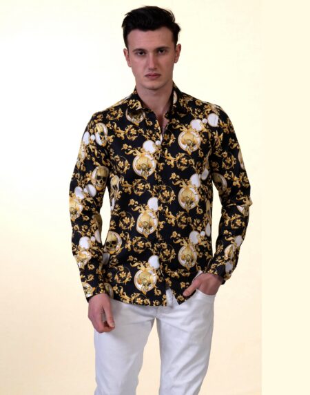 Black with Gold Skulls Mens Slim Fit Designer French Cuff Shirt – tailored Cotton Shirts for Work and Casual Wear