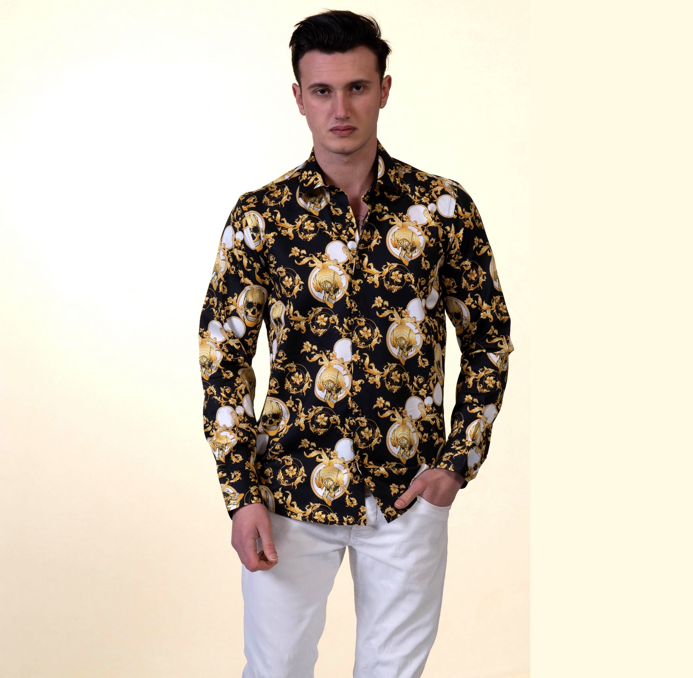 Black with Gold Skulls Mens Slim Fit Designer French Cuff Shirt - tailored Cotton Shirts for Work and Casual Wear - Image 4