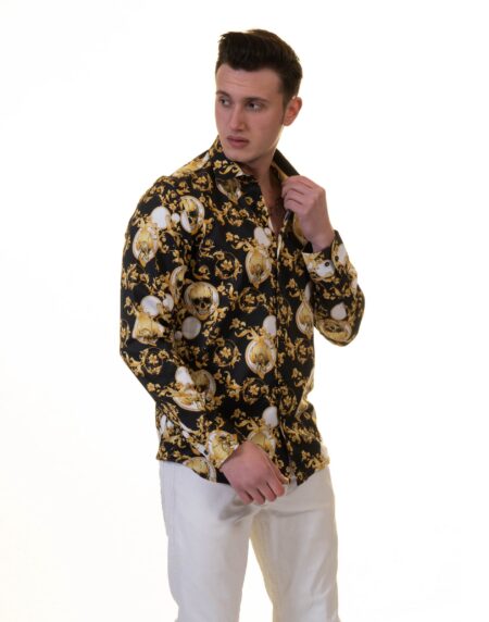 Black with Gold Skulls Mens Slim Fit Designer French Cuff Shirt – tailored Cotton Shirts for Work and Casual Wear