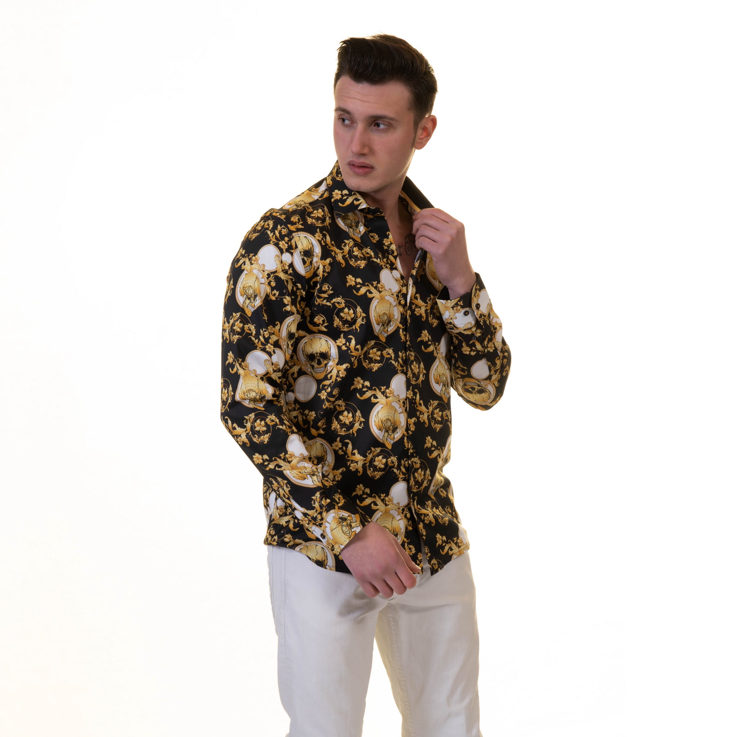 Black with Gold Skulls Mens Slim Fit Designer French Cuff Shirt – tailored Cotton Shirts for Work and Casual Wear