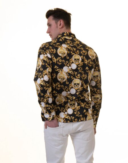 Black with Gold Skulls Mens Slim Fit Designer French Cuff Shirt – tailored Cotton Shirts for Work and Casual Wear