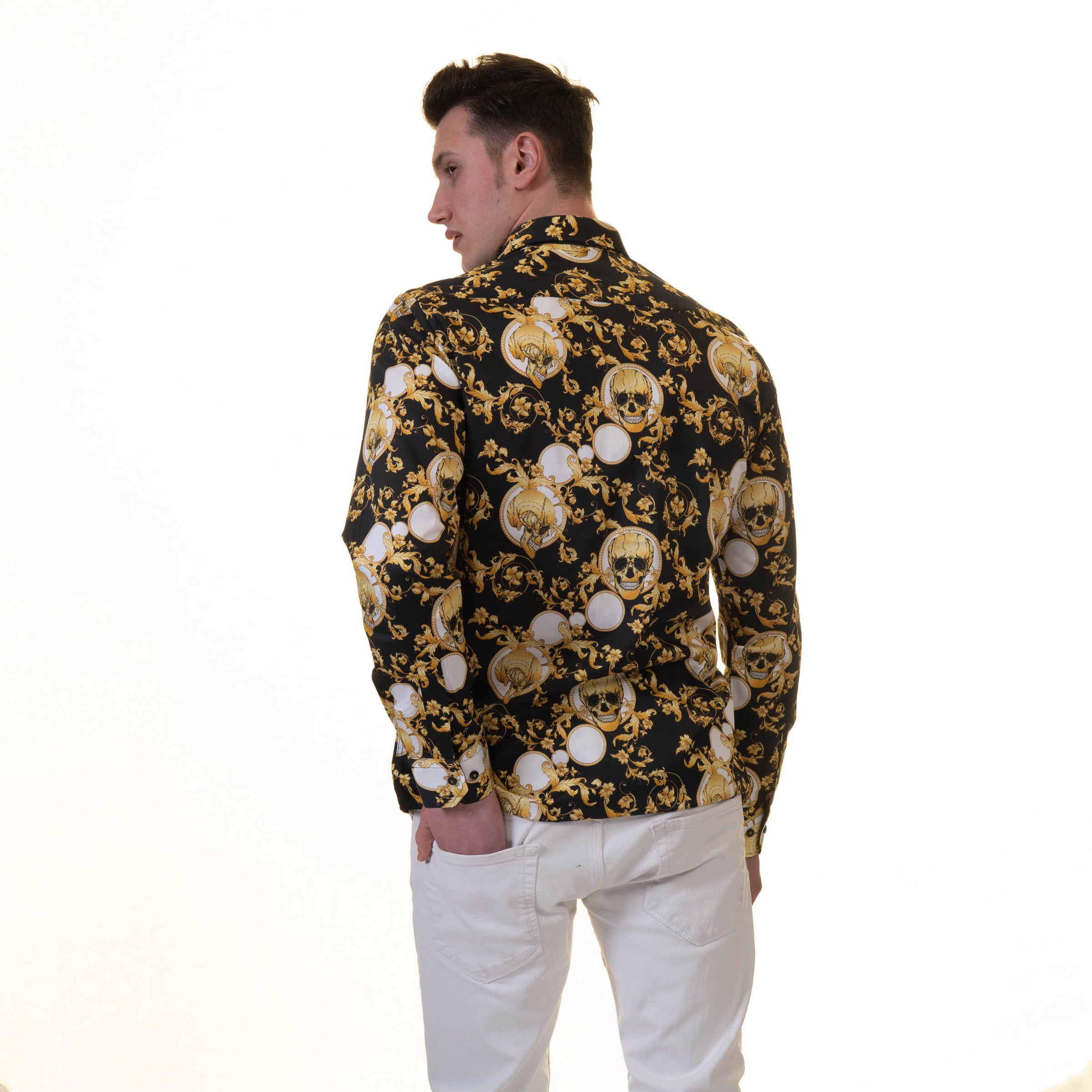Black with Gold Skulls Mens Slim Fit Designer French Cuff Shirt - tailored Cotton Shirts for Work and Casual Wear - Image 2