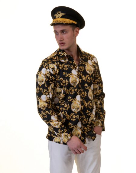 Black with Gold Skulls Mens Slim Fit Designer French Cuff Shirt – tailored Cotton Shirts for Work and Casual Wear