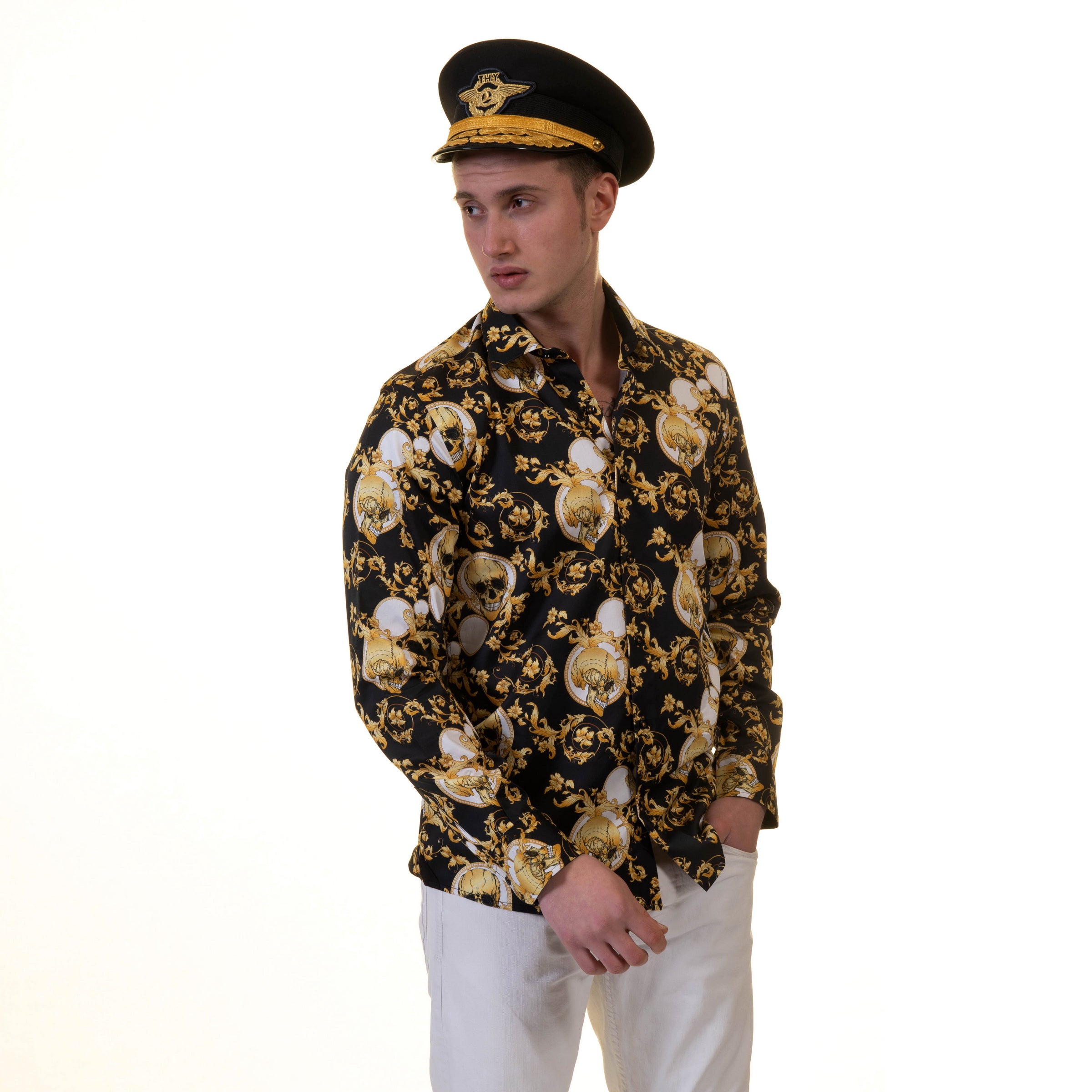 Black with Gold Skulls Mens Slim Fit Designer French Cuff Shirt - tailored Cotton Shirts for Work and Casual Wear - Image 3