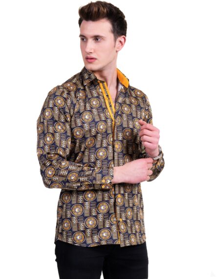 Black And Gold Greek Key Mens Slim Fit Designer Dress Shirt – tailored Cotton Shirts for Work and Casual Wear
