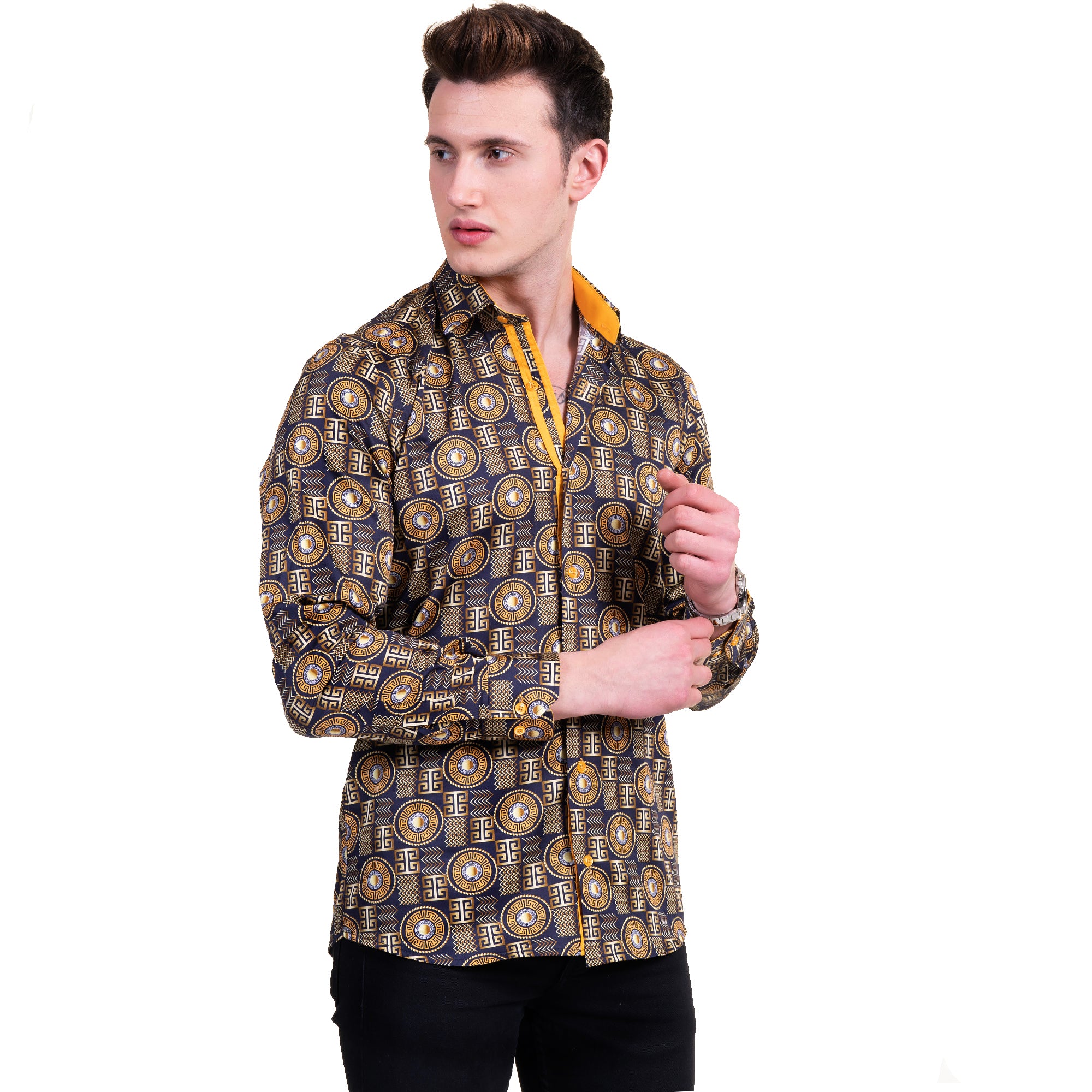 Black And Gold Greek Key Mens Slim Fit Designer Dress Shirt - tailored Cotton Shirts for Work and Casual Wear - Image 7