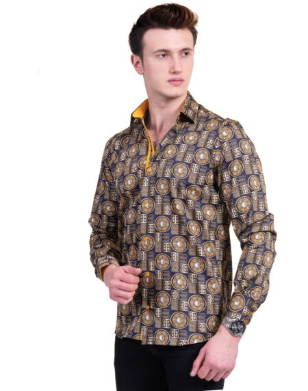 Black And Gold Greek Key Mens Slim Fit Designer Dress Shirt – tailored Cotton Shirts for Work and Casual Wear