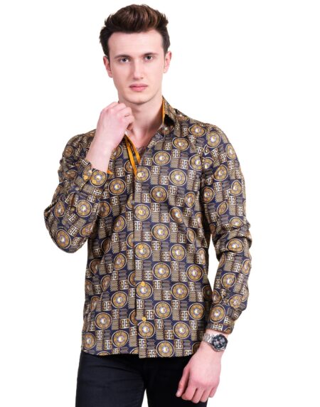 Black And Gold Greek Key Mens Slim Fit Designer Dress Shirt – tailored Cotton Shirts for Work and Casual Wear