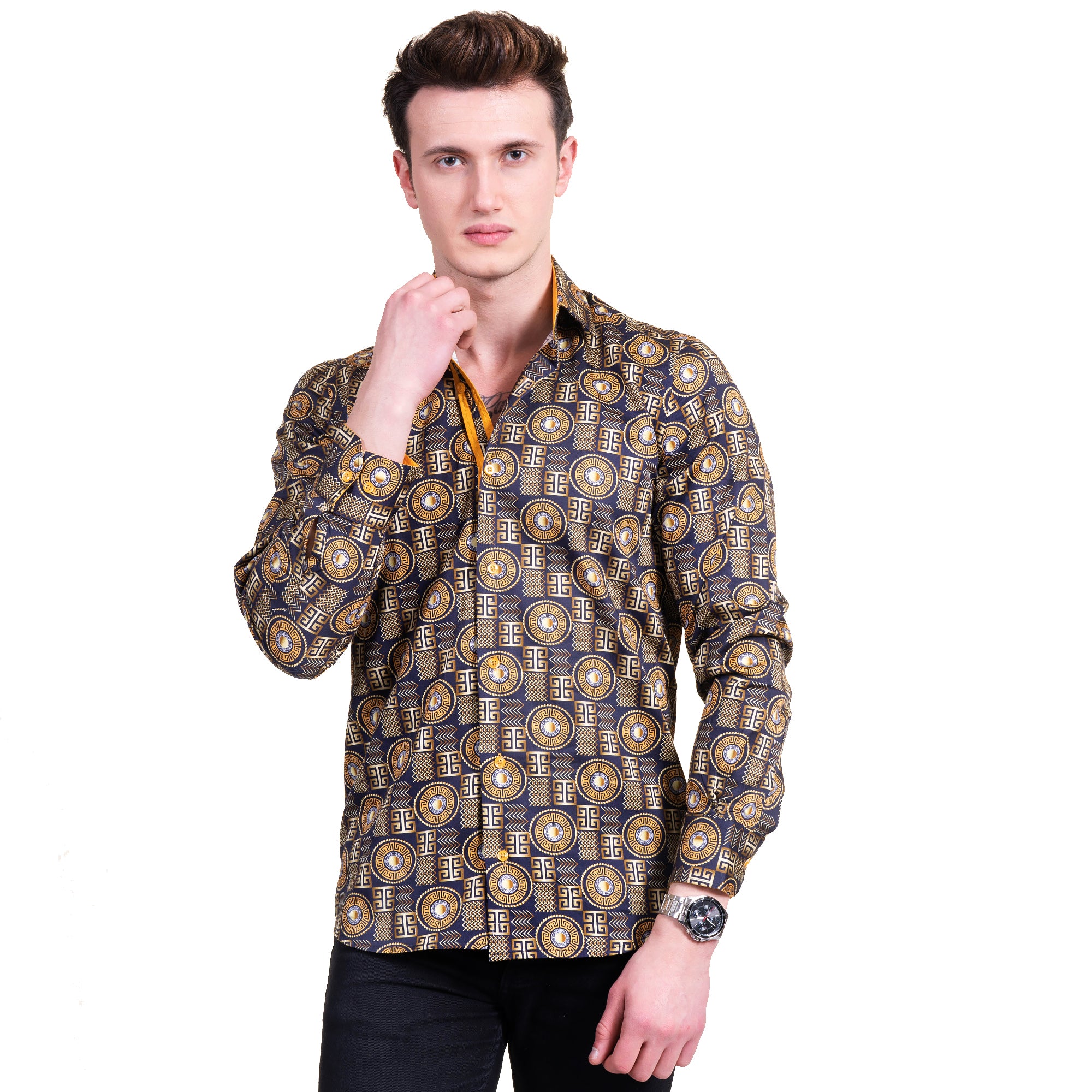 Black And Gold Greek Key Mens Slim Fit Designer Dress Shirt - tailored Cotton Shirts for Work and Casual Wear - Image 3