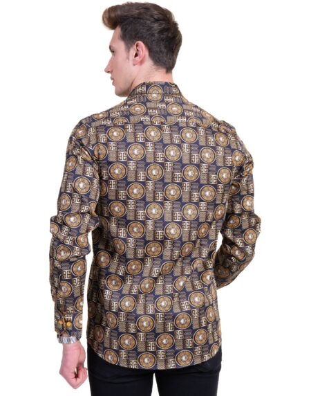 Black And Gold Greek Key Mens Slim Fit Designer Dress Shirt – tailored Cotton Shirts for Work and Casual Wear