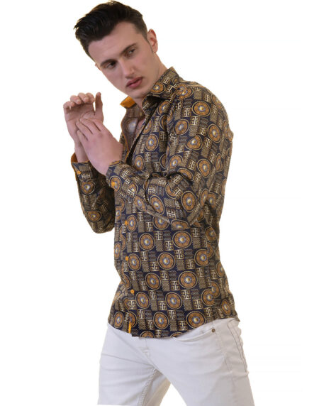 Black And Gold Greek Key Mens Slim Fit Designer Dress Shirt – tailored Cotton Shirts for Work and Casual Wear