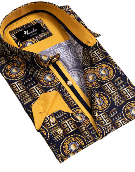 Black And Gold Greek Key Mens Slim Fit Designer Dress Shirt – tailored Cotton Shirts for Work and Casual Wear