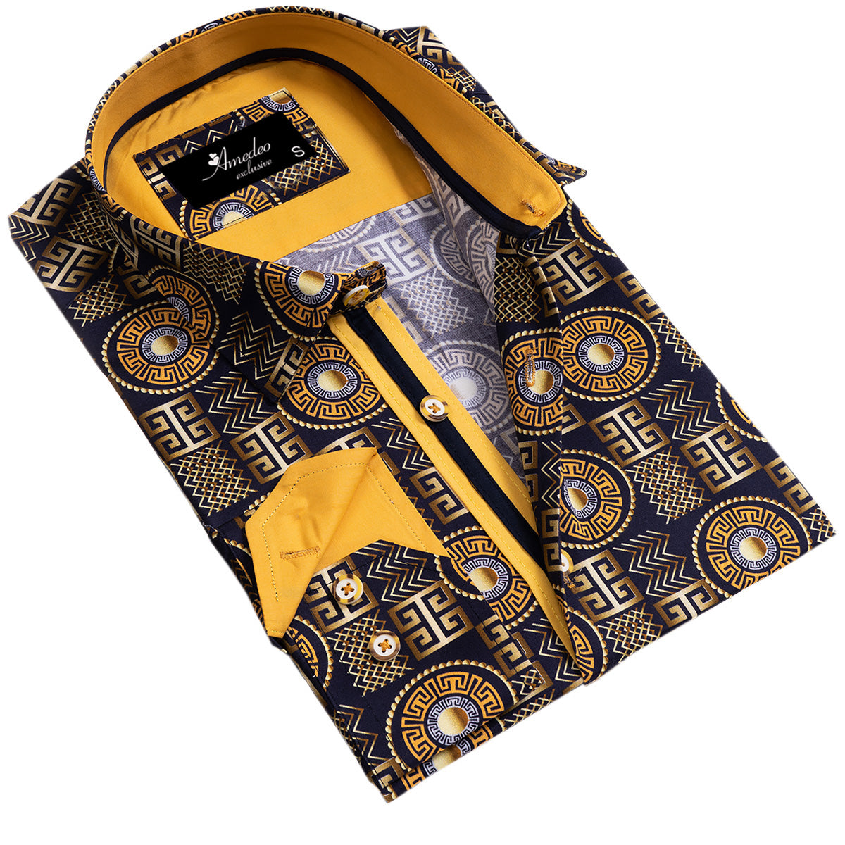 Black And Gold Greek Key Mens Slim Fit Designer Dress Shirt – tailored Cotton Shirts for Work and Casual Wear