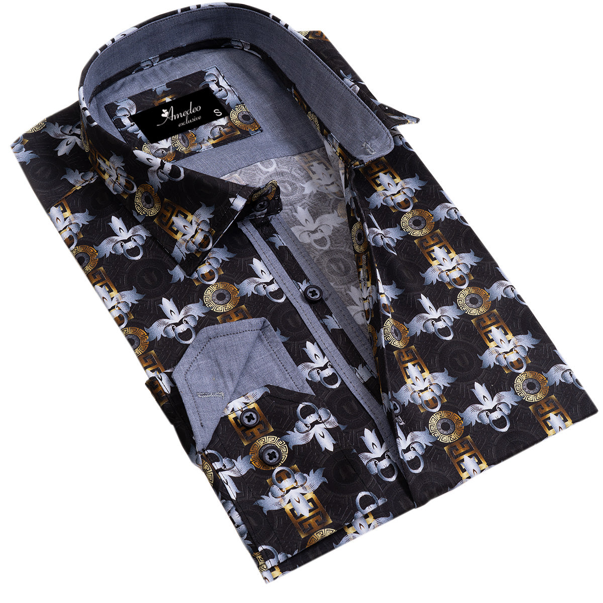 Black, Silver, Gold Medusa Head Mens Slim Fit Designer French Cuff Shirt – tailored Cotton Shirts for Work and Casual Wear