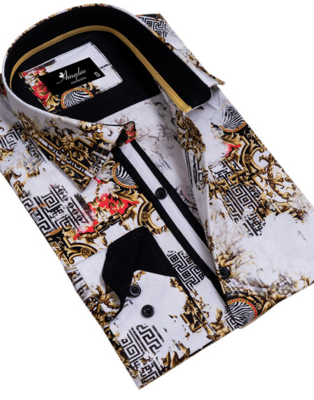 White Black Medusa Greek Key Mens Slim Fit Designer Dress Shirt – tailored Cotton Shirts for Work and Casual Wear
