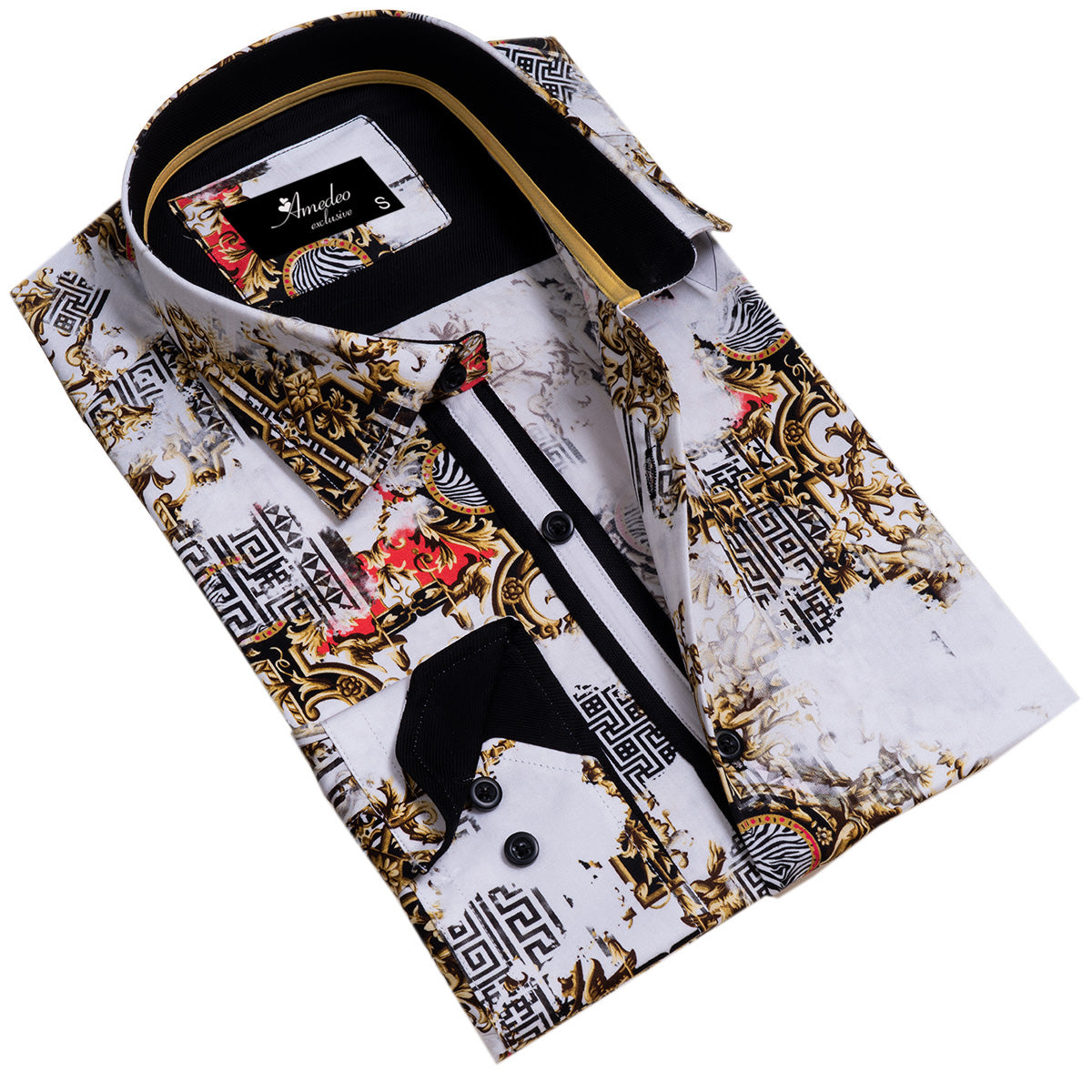 White Black Medusa Greek Key Mens Slim Fit Designer Dress Shirt – tailored Cotton Shirts for Work and Casual Wear