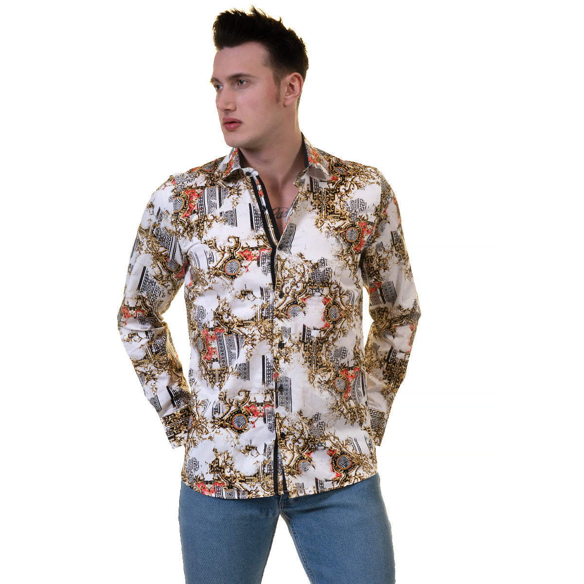 White Black Medusa Greek Key Mens Slim Fit Designer Dress Shirt - tailored Cotton Shirts for Work and Casual Wear - Image 5