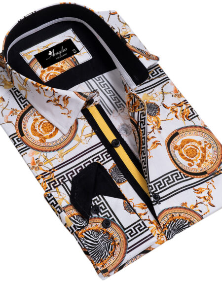 White And Gold Medusa Greek Key Mens Slim Fit Designer Dress Shirt – tailored Cotton Shirts for Work and Casual Wear
