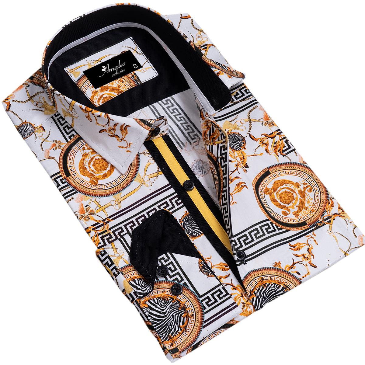 White And Gold Medusa Greek Key Mens Slim Fit Designer Dress Shirt – tailored Cotton Shirts for Work and Casual Wear