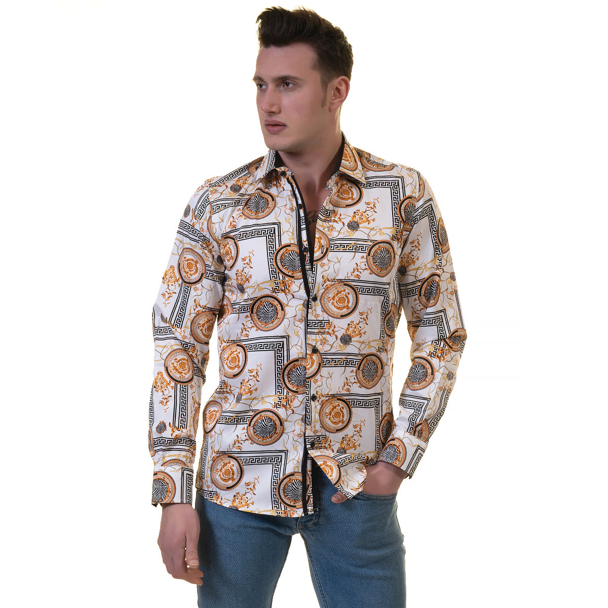 White And Gold Medusa Greek Key Mens Slim Fit Designer Dress Shirt - tailored Cotton Shirts for Work and Casual Wear - Image 2