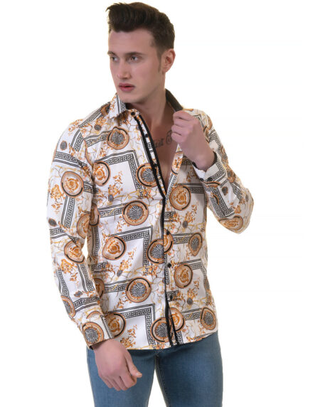 White And Gold Medusa Greek Key Mens Slim Fit Designer Dress Shirt – tailored Cotton Shirts for Work and Casual Wear