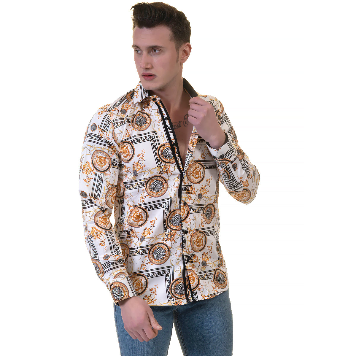 White And Gold Medusa Greek Key Mens Slim Fit Designer Dress Shirt - tailored Cotton Shirts for Work and Casual Wear - Image 3