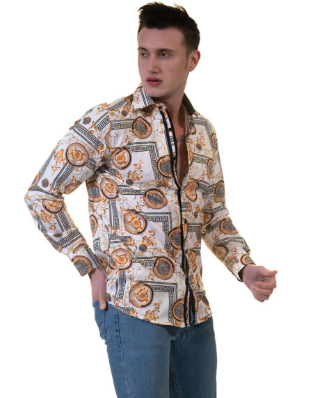 White And Gold Medusa Greek Key Mens Slim Fit Designer Dress Shirt – tailored Cotton Shirts for Work and Casual Wear