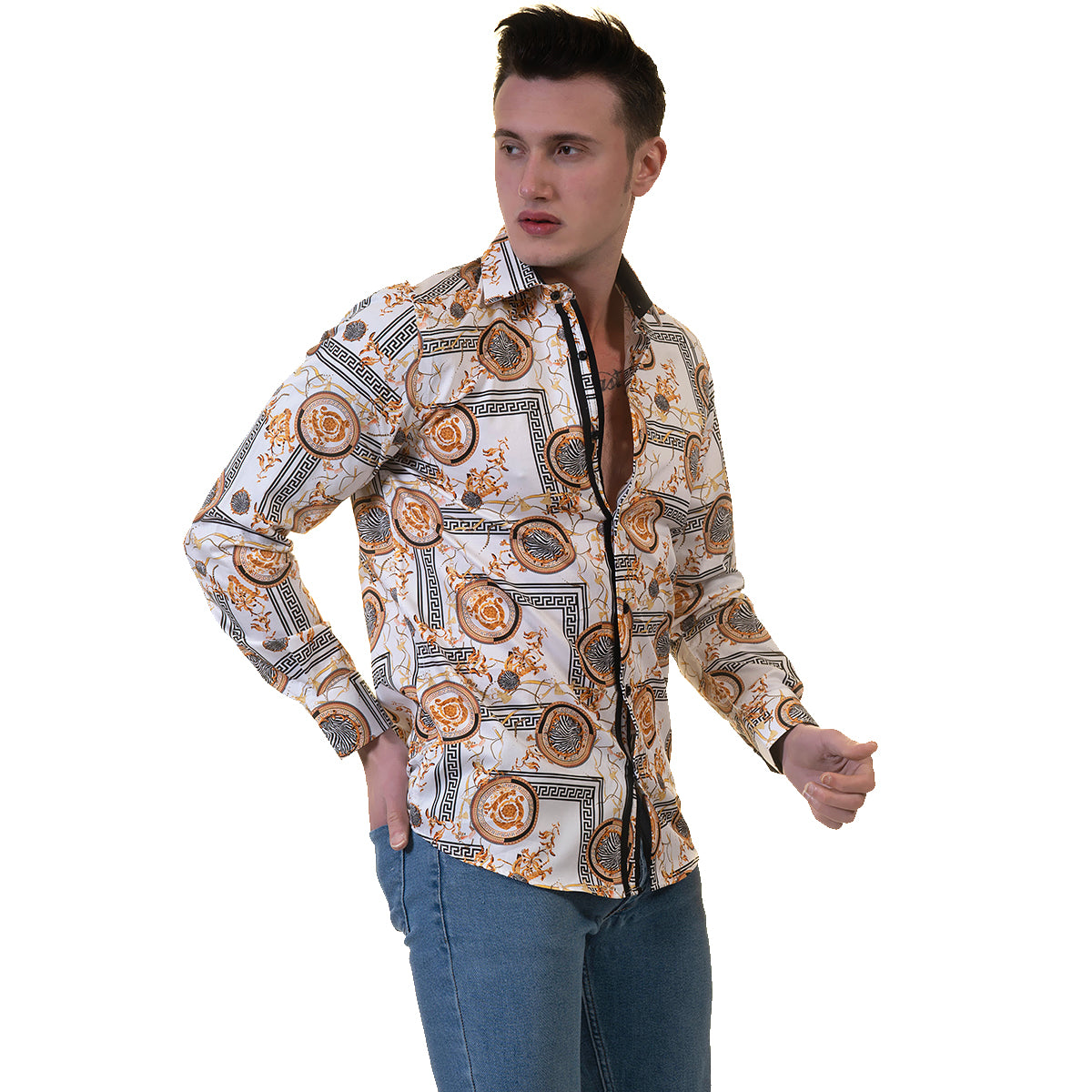 White And Gold Medusa Greek Key Mens Slim Fit Designer Dress Shirt - tailored Cotton Shirts for Work and Casual Wear - Image 4