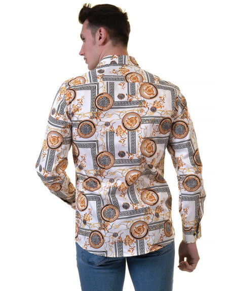 White And Gold Medusa Greek Key Mens Slim Fit Designer Dress Shirt – tailored Cotton Shirts for Work and Casual Wear