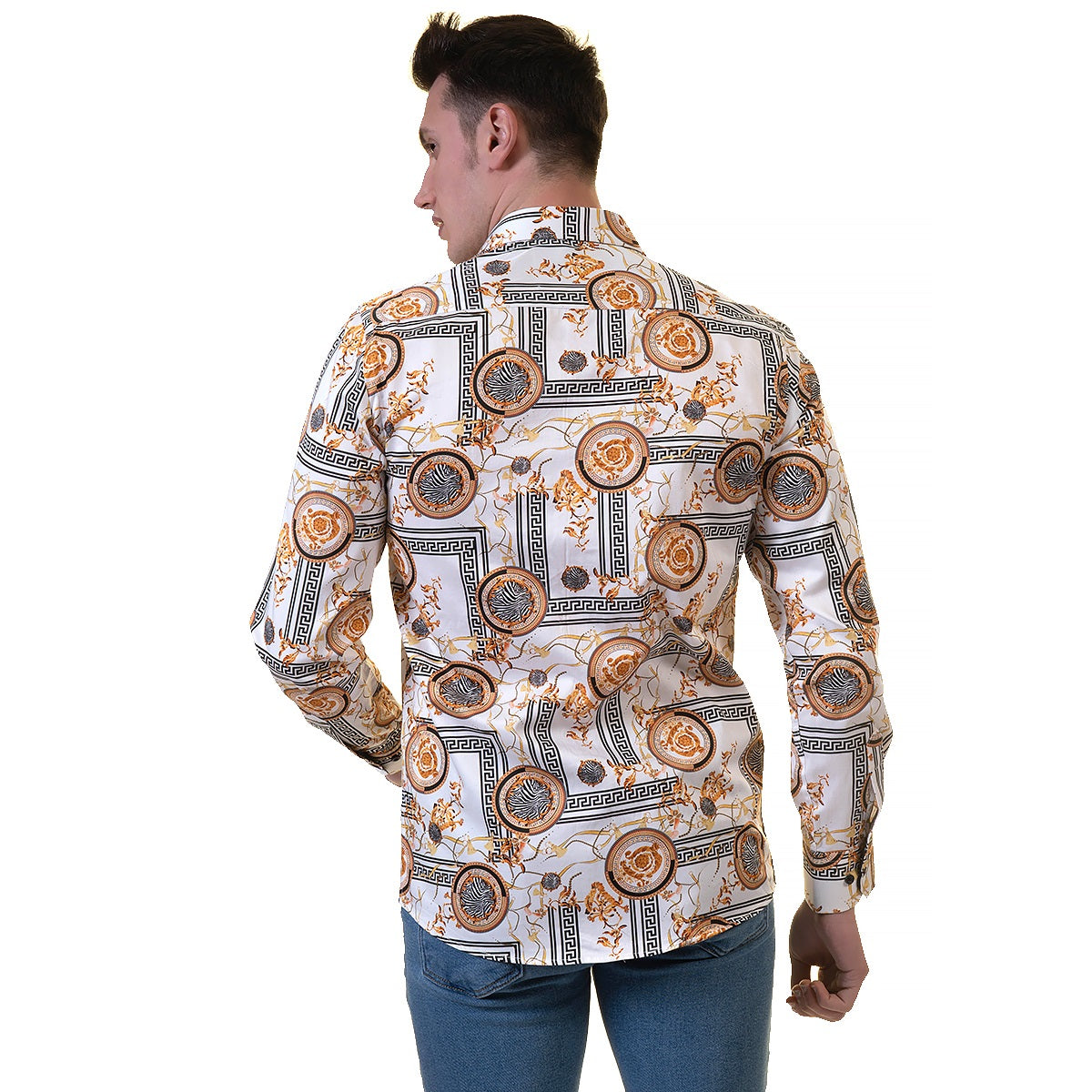 White And Gold Medusa Greek Key Mens Slim Fit Designer Dress Shirt - tailored Cotton Shirts for Work and Casual Wear - Image 5