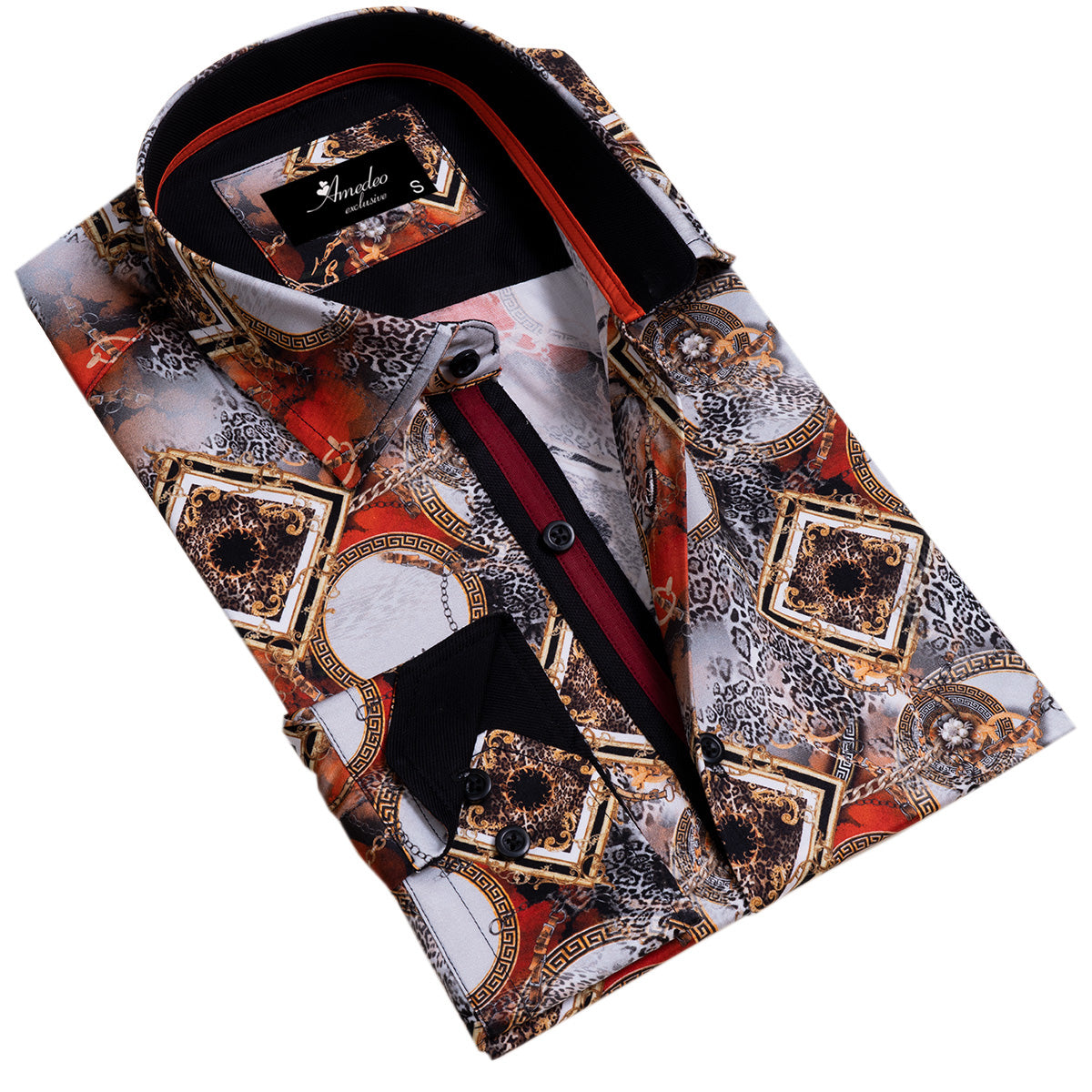 Multi Color Greek Key Medusa Head Mens Slim Fit Designer Dress Shirt – tailored Cotton Shirts for Work and Casual Wear
